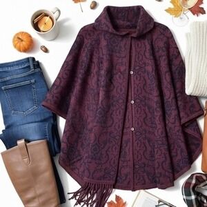 Novica Peru Poncho Cape Purple Floral Fringe Alpaca Wool Blend